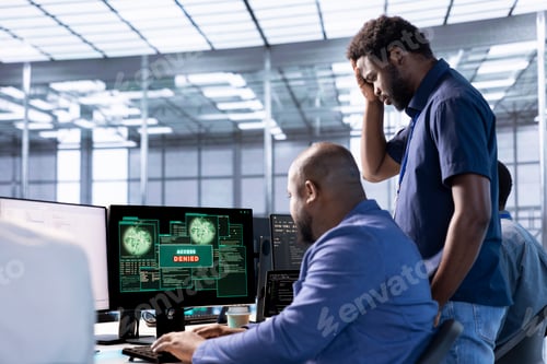 Preview: Upset coworkers in data center getting access denied, doing face palm gesture