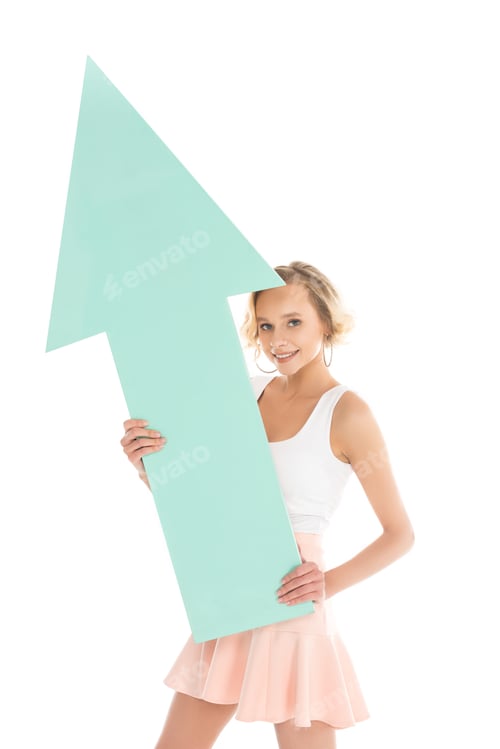 Preview: portrait of smiling young woman with arrow isolated on white