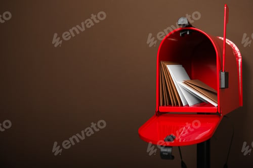 Preview: Open red letter box with envelopes against brown background. Space for text