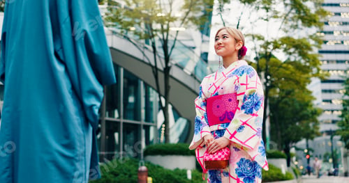 Preview: Asian woman, kimono and city with fashion for tradition, culture or meeting in Tokyo. Japan, female