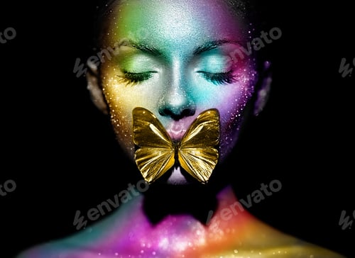 Preview: Beauty model woman with violet butterfly