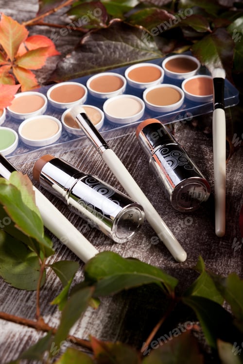 Preview: Professional cosmetics make up prducts in autumn concept on dark wooden background