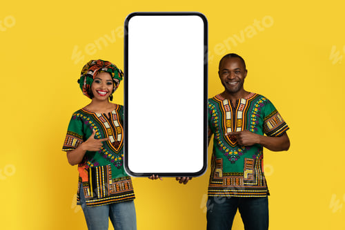 Preview: Smiling Man and Woman Present Blank Phone Screen