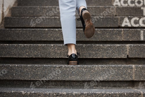 Preview: Closeup, shoes and person walking up stairs, travel and fancy with formal outfit, career and profes