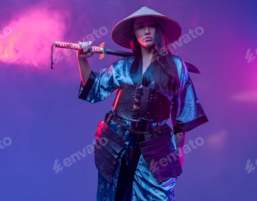 Preview: Cyberpunk woman assassin from east holding sword