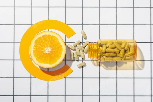 Preview: Bio-supplement vitamin C, in tablets on a light background.