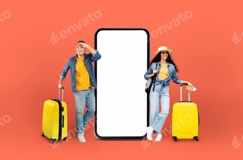Preview: Traveling couple with luggage by phone screen mockup