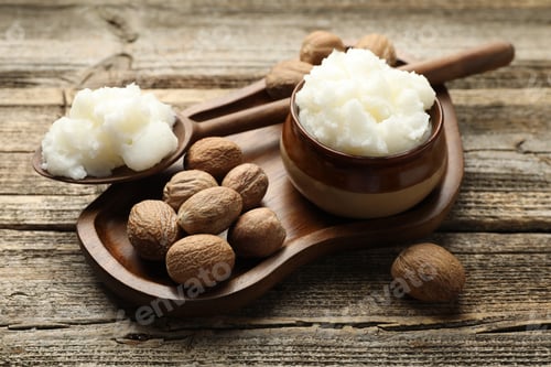 Preview: Natural shea butter and nuts on wooden table, closeup