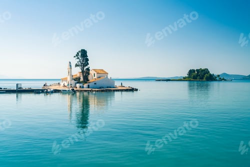 Preview: Vlacherna Monastery, rat island on background, Corfu, Kerkira, Greece