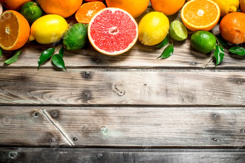 Preview: Fresh Citrus Fruits and Leaves on Wooden Table