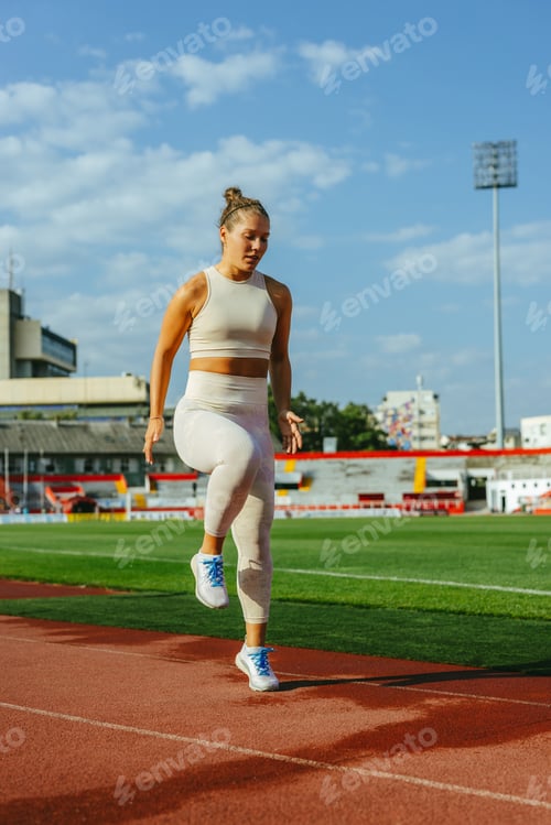 Preview: A sportswoman is running in place on stadium.
