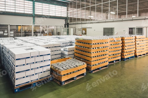 Vista previa: Grupo de bebidas de jugo embotellado en caja de cartón en una fábrica de fabricación