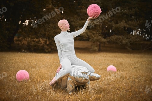 Preview: Young hairless girl with alopecia in white cloth sits on tardigrade figure in fall park