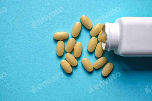 Preview: Closeup shot of painkiller pills spilling out of a dark blue vial isolated on a cyan background