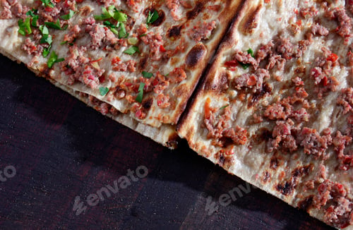 Preview: Turkish Pizza. Turkish food minced pide. Konya Etli Ekmek Kebab.