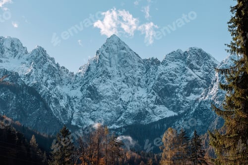 Preview: Amazing landscape with snowy mountain peaks in Julian alps near Kranjska gora in Slovenia