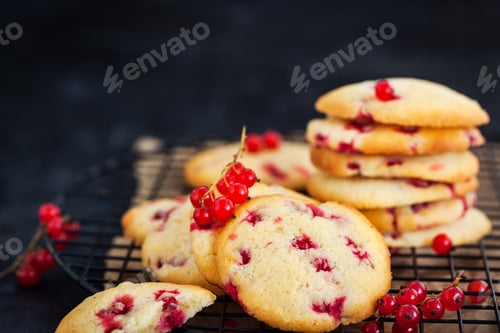 Preview: Freshly Baked Cookies and Red Currants on a Rack