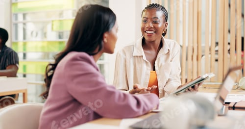 Preview: Smile, students or women on tablet for university exam in classroom with information, research or e