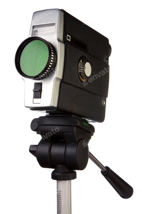 Preview: old film camera on tripod isolated on white