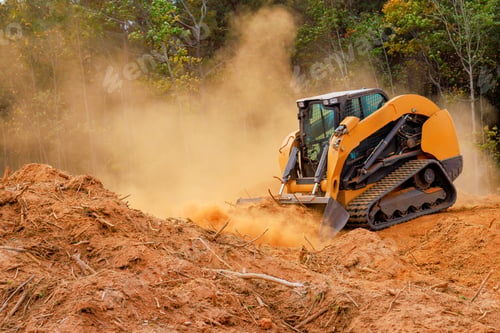 Preview: Heavy machinery clears land in forested area with visible dust