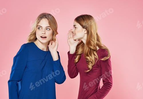 Preview: two girlfriends in dresses fashion posing studio