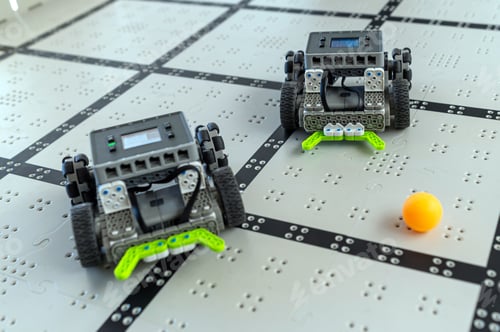 Preview: Robots competing in a technology challenge on a grid surface during a workshop