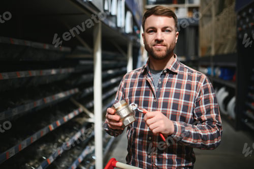 Preview: Portrait of a handsome workman choosing water pipes and pipe joints standing near the showcase