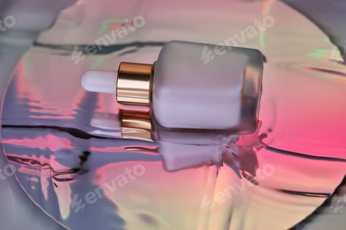 Preview: White serum with a pipette in water with a sunset atmosphere.