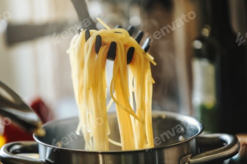 Steaming Spaghetti Draped from Tongs Over Pot