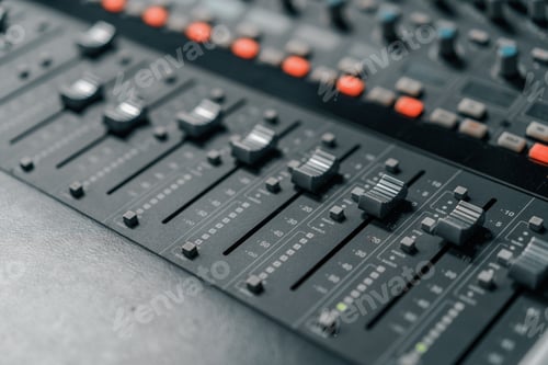 Preview: A recording studio control panel mixer with an equalizer faders buttons for broadcasting a recording