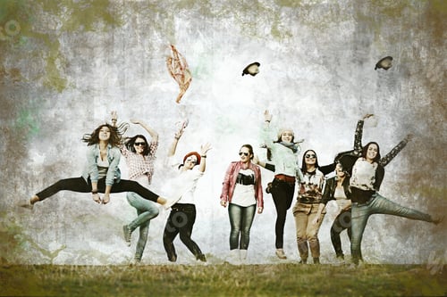Preview: Group Of Girls In Retro Style Having Fun Time Outdoors Jumping Up In Air