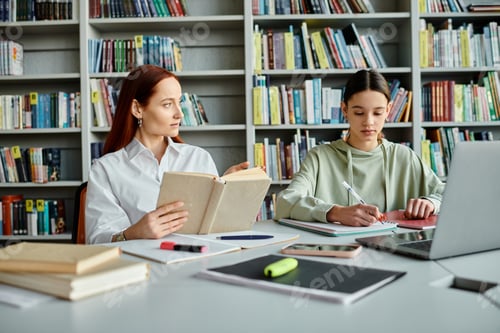 Preview: Redhead tutor and student: a modern library lesson