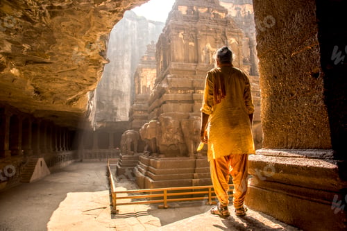 Preview: Hindu Sadhu the holy men visiting the Kailasa Temple, Ellora caves, UNESCO world heritage side.