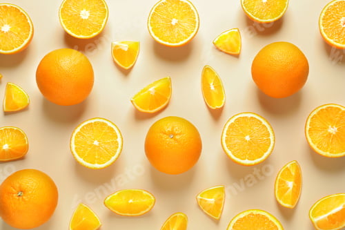 Preview: Flat lay composition with ripe oranges on color background