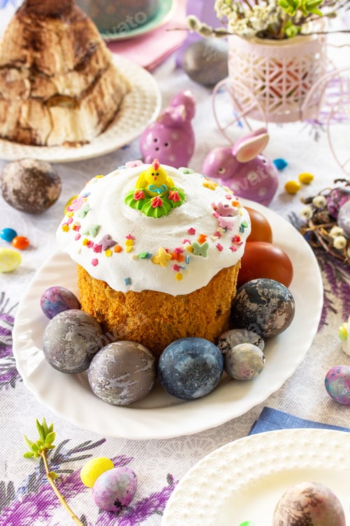 Preview: Festive Easter table setting. Easter orthodox cakes with Easter eggs.