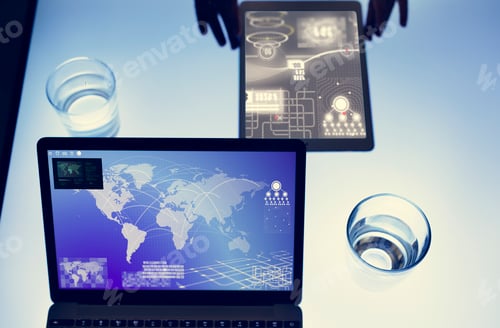 Preview: Hands using tablet on a cyber space table