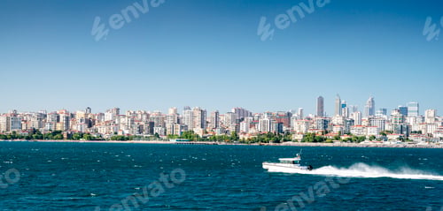 Preview: Panoramic view from the sea to Istanbul. The boat is sailing on the waves in the Sea of Marmara