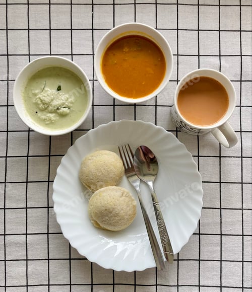 Preview: Top view of a serving of idly with sambar, coconut chutney and tea
