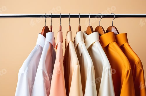 Preview: Men's shirts hanging in a row on a hanger, close-up, clothing and fashion concept