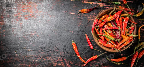 Preview: Wooden plate with dried chili peppers.