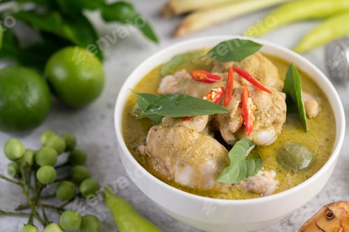 Preview: Chicken green curry in a bowl .