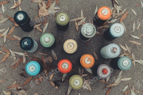 Preview: top view of cans with colorful spray paint for graffiti