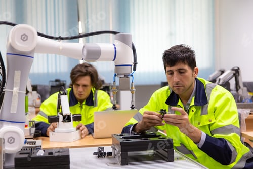 Preview: Female Engineer check and control automation robot arms machine in factory. robotics manufacturing.