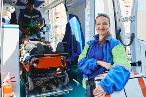 Preview: Portrait of female paramedic standing near ambulance vehicle with aid kit bag and looking at camera.