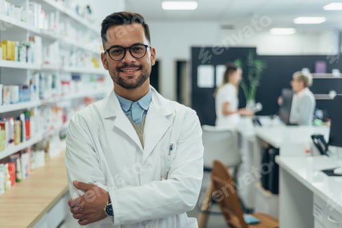Preview: Portrait of a handsome pharmacist working in a pharmacy