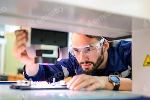 Preview: Professional technician checking part of automatic machine at factory