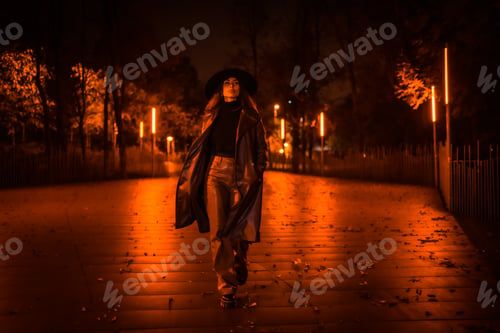 Preview: Girl with a hat walking calmly through a park on a winter night
