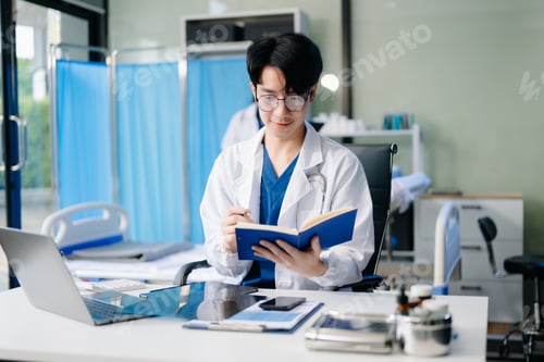 Preview: Doctor analyzing patient data on tablet in clinical lab. Medical professional