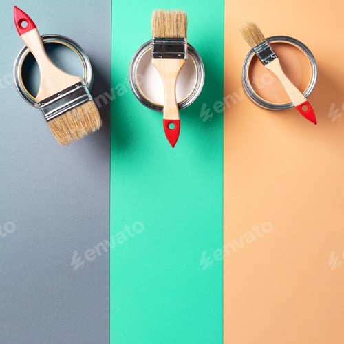 Preview: Metal paint cans and paint brushes on multicolor background. Top view. Copy space. Trendy green