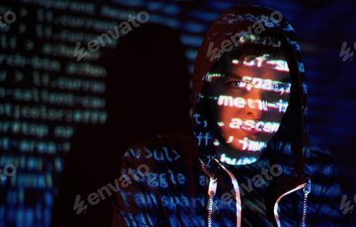 Preview: Cyber attack with unrecognizable hooded hacker using virtual reality, digital glitch effect